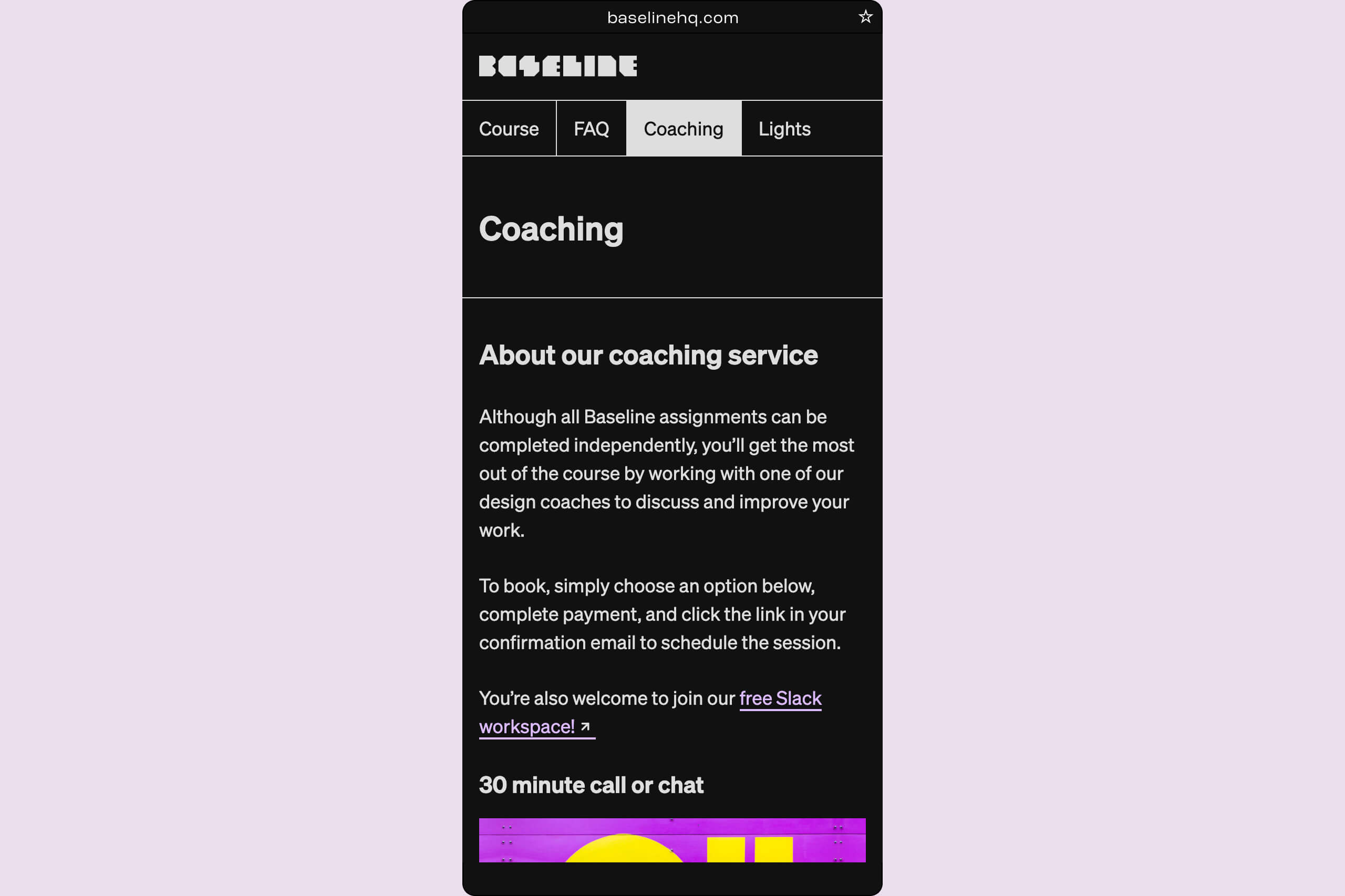 Coaching page, mobile, dark mode